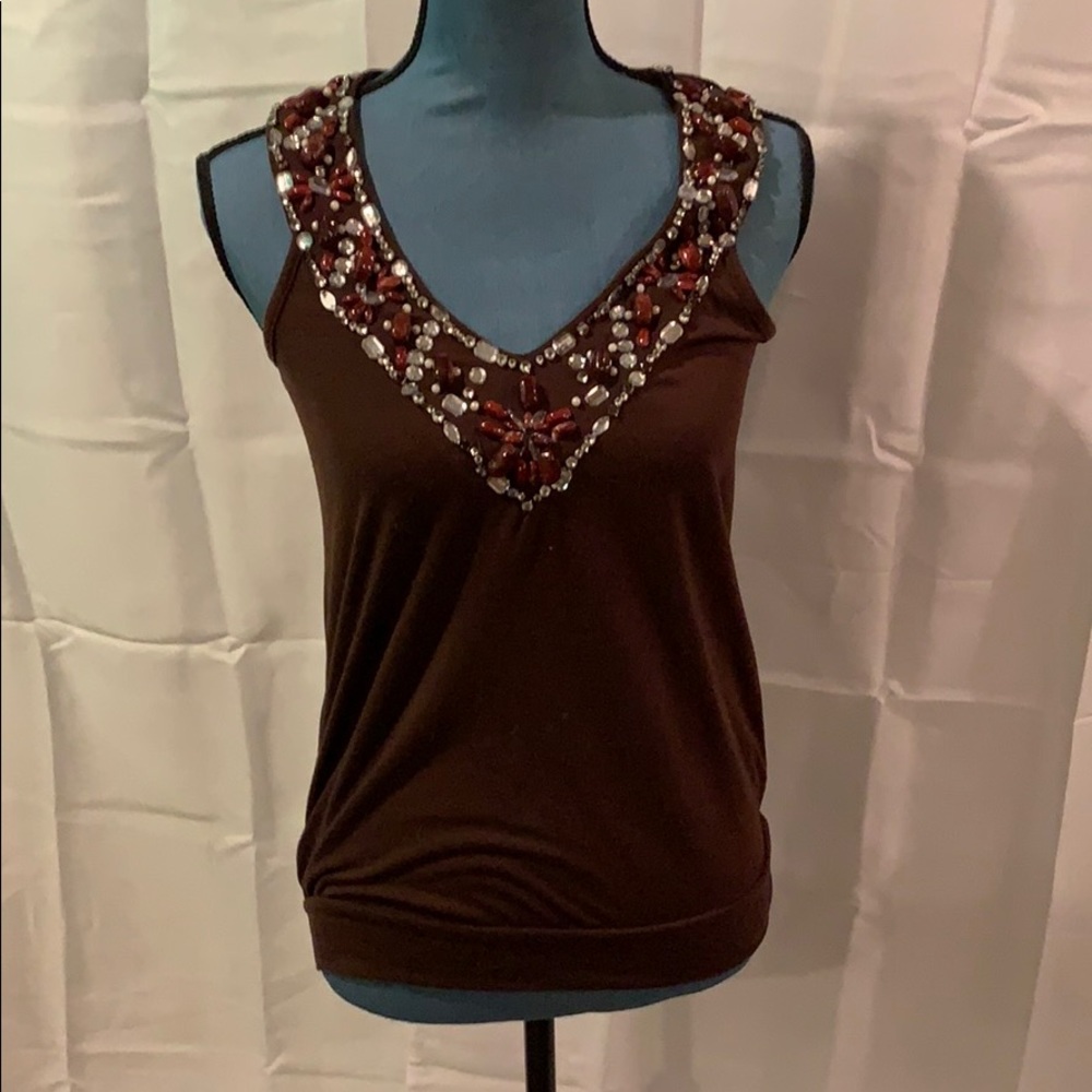 Brown Sleeveless Top Gem Studded Neckline